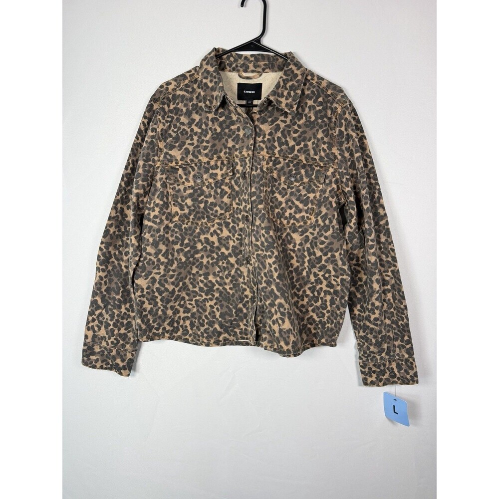 Express Women’s Denim Jacket Size Large Leopard Print Brown Black NWT Cotton - Picture 3 of 12